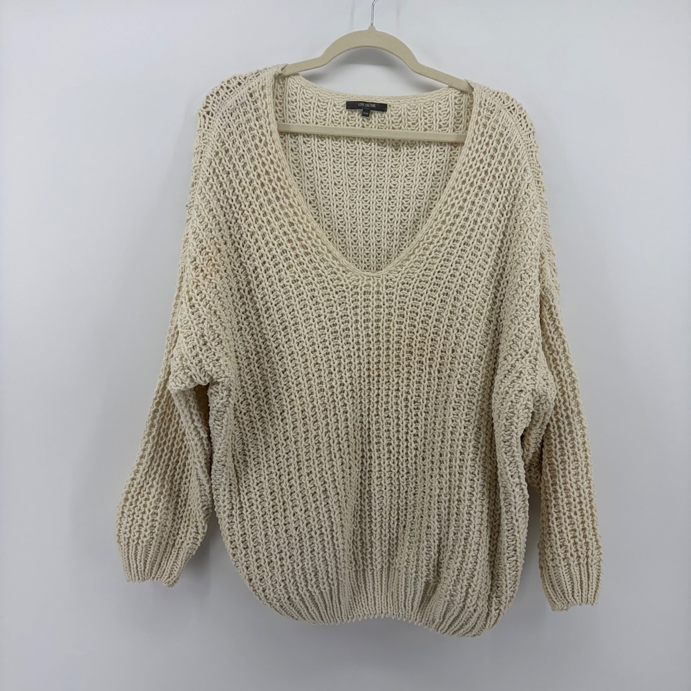 LOVE CULTURE Cream Chunky Knit‎ V Neck Oversized Sweater Top S M